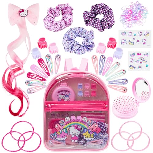 Get Trend Hello Kitty Sanrio Coffret Accessoires Cheveux Fille avec Sac à Dos Transparent, Barrettes, Stickers, Brosse Pliable, Élastiques, Chouchous (Rose Hello Kitty)