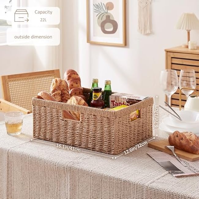 OIAHOMY Wicker Basket, Paper Shelf Basket with Built-in Handles, Rectangular Wicker Storage Bin for Pantry, Shelves, 1 Pack-Yellow