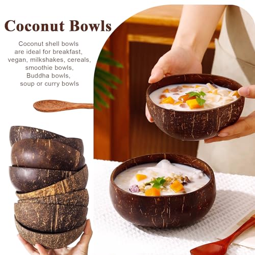 DXQCHDUO Lot de 4 bols et cuillères en noix de coco polies en noix de coco faits à la main, bols à smoothie, bol à dessert, salade de fruits, bol à riz et ramen cadeaux végétaliens – vue 3
