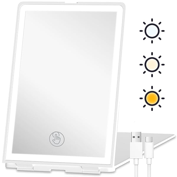 Haikopoon Travel Makeup Mirror with Lights, Rechargeable Portable Folding Compact Mirror, Lighted Makeup Mirror with 72 LEDs 3 Color Light Modes, Dimmable Touch Screen LED Vanity Mirror with Lights