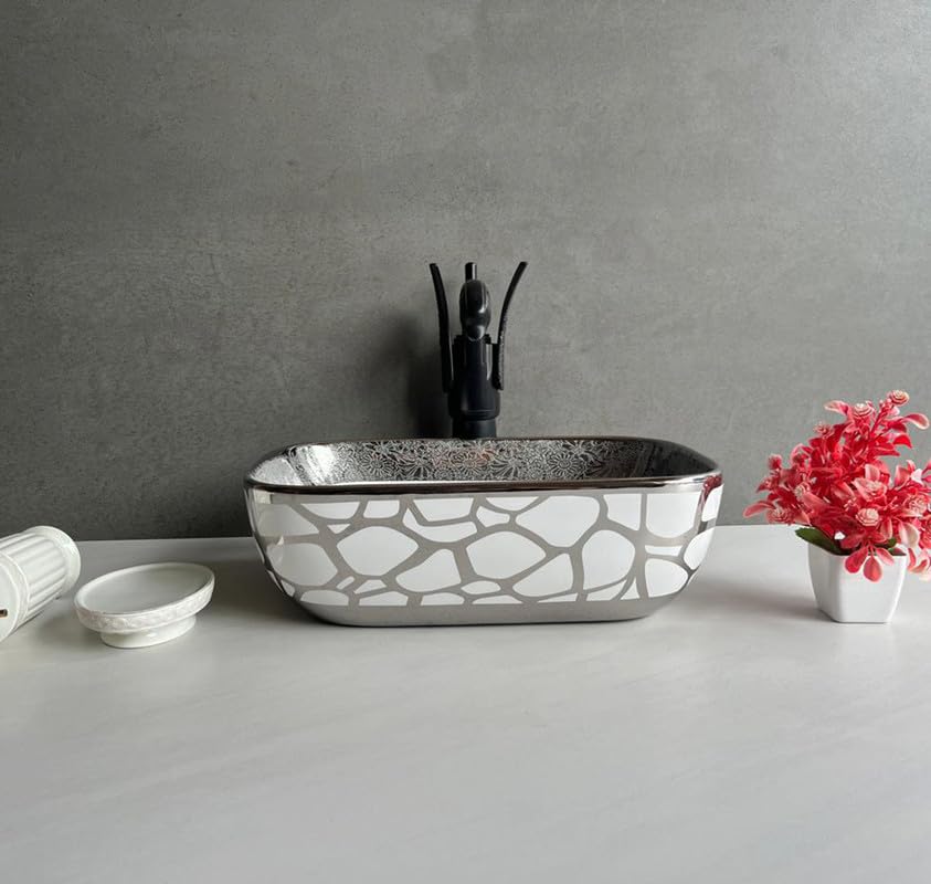 CLUSTER Designer Glossy Ceramic Table Top Wash Basin For Bathroom | Counter Top Wash Basin for Home, Hotel Or Resturent (14x10x5 Inch) Silver And White