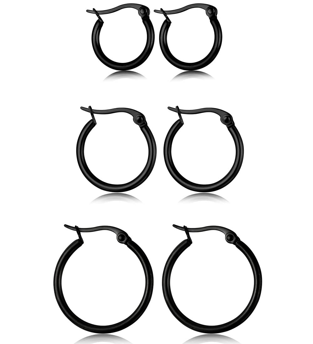 Juego de 3 pares de aretes de aro de acero inoxidable para mujeres y hombres, aretes de aro pequeños, color negro, plateado, dorado, aros ligeros de 10 a 0.787 in, Acero inoxidable, Circonia