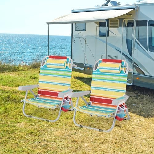 GIANTEX Krzesło plażowe, składane, z 5-stopniową regulacją oparcia, uchwyt na ręczniki, torba i poduszka pod głowę, krzesło składane 2 w 1, do 150 kg (65 x 66 x 78 cm, kolorowe paski, 2)