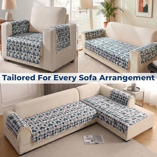 Image of Story@Home Quilted Anti Slip Sofa Cover Mat with 2 Armrest Cover, 3 Seater Velvet Sofa Protector with Tassels | Sofa Cover Mat for 1 /2 /3 Seater & L-Shape Sofa - 76 x 178 Cm - Grey & Cyan