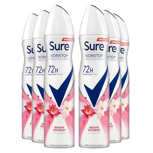Sure Antiperspirant 72H Nonstop Sweat and Odour Protection Alcohol-Free Body Spray Anti-White Markswith Fresh and Clean Multi Fragrance Deodorant for Women, 250ml (Bright Bouquet, Buy 6)
