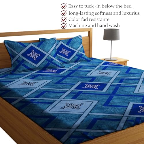 Image of DECORUM 280 TC Fitted Double Size, Elastic Bedsheet, 72x78 + 10 Inches Drop,with 2 Pillow Covers (Blue Zigzag)