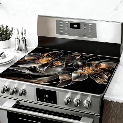 Image of 28 inchx20 inch Anti-Slip Electric Stove Top Cover Black flowers Foldable Heat-Resistant Glass Stove Top Cover Protector, Multi-Scenario Use Dish Drying Mat