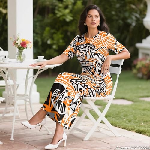 Image of Polynesian Dress for Women Short Sleeve High Waist Maxi Skirt | Puletasi dress, t-shirt and skirt two-piece, elastic material, lightweight, soft, plus size, luau party, wedding, clubwear