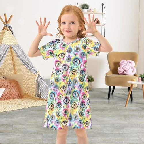 Evil Eyes Rainbows Leopard Printed Girls Fashion Dress Short Sleeve Spring Dresses for Toddler Girls Party Dress 2T4