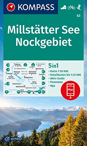 Carta escursionistica Kom 63. Millstätter See, Nockgebiet: 5in1 Wanderkarte, mit Panorama, Aktiv Guide und Detailkarten inklusive Karte zur offline ... in der KOMPASS-App. Fahrradfahren. Skitouren.