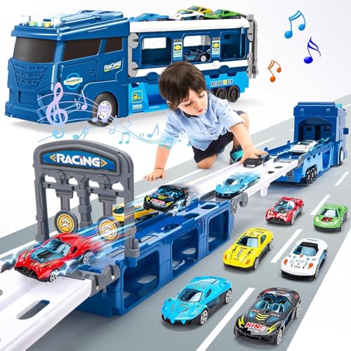 hahaland Spielzeug ab 3 Jahre Junge, Tragbares Rennbahn Race Spielzeugautos mit 6 Mini Rennautos, LKW Autotransporter, Truck Auto Spielzeug Geschenk für Kinder 3 4 5 6 Jahre Junge