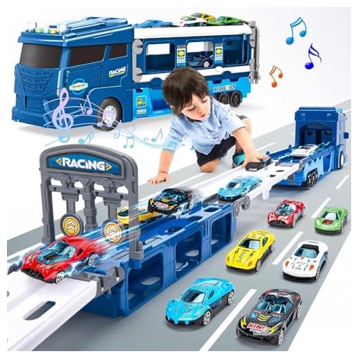 hahaland Spielzeug ab 3 Jahre Junge, Tragbares Rennbahn Race Spielzeugautos mit 6 Mini Rennautos, LKW Autotransporter, Truck Auto Spielzeug Geschenk für Kinder 3 4 5 6 Jahre Junge