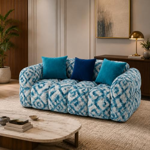 Image of FURNY Luxury Nimbus 2 Seater Bubble Cloud Sofa Set for Living Room | Tapestry Mosaic Fabric Upholstered | Modern Cushioned Comfortable Couch for Home Office & Drawing Room | Lagoon Blue