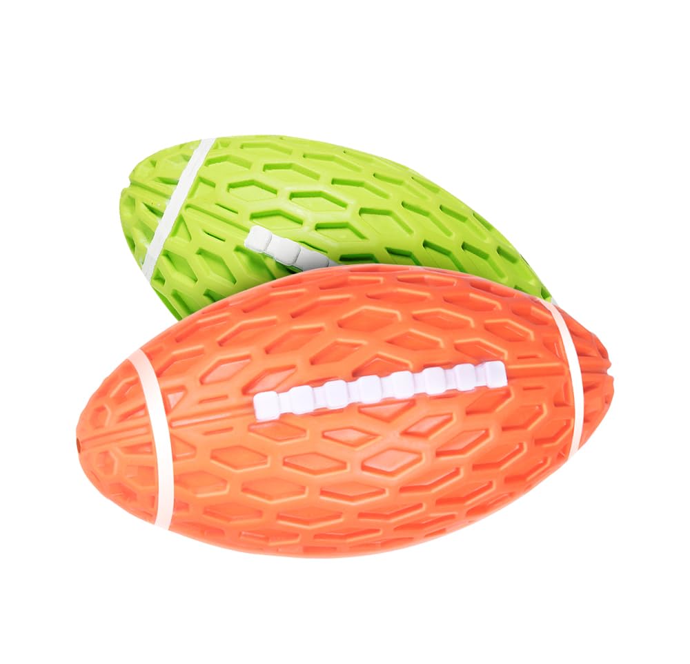 AUSCAT 2PCS Squeaky Dog Football Toy, Dog Chew Toy, Tough Rubber Dog Ball for Medium Large Dogs, Green and Orange, Large, 5.5"