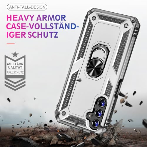 Image of Heavy Duty Case for Samsung Galaxy S25 Phone Case with Screen Protector, Military Grade Shockproof Rugged Protective Cover for Samsung S25, with Metal Ring Magnetic Kickstand (Silver)