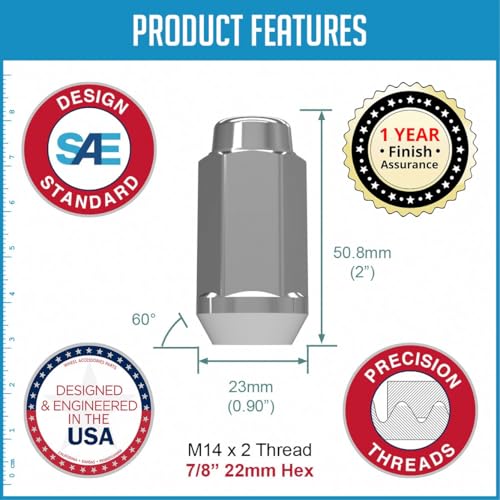 Image of Wheel Accessories Parts 32 Pcs M14x2 Thread Bulge Acorn 2.00 inch Long Lug Nuts Chrome 22mm 7 /8 inch Hex Fits Ford Excursion F250 F350 Super Duty
