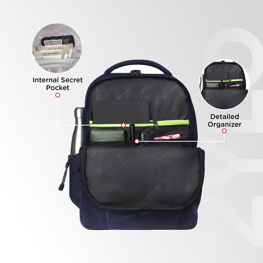 HARISSONS Zylo Travel Laptop Backpack | 40L | Fits 15.6β Laptop | Fisio Fit Straps, Elevated Laptop Cradle, Quick-Access Pockets, Bottle Security, Ventilated Back | Work, Travel & College (Navy) 1
