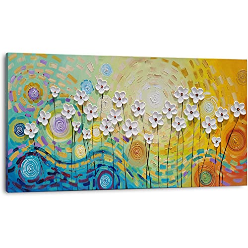 Wall Pictures for Living Room Decor, Modern Bloosom Flowers Pallet Knife Painting 3d White Floral Artwork Prints Framed Boho Style Botanical Wall Art for Great Bedroom Above Headboard Ready to Hang (20x40IN)