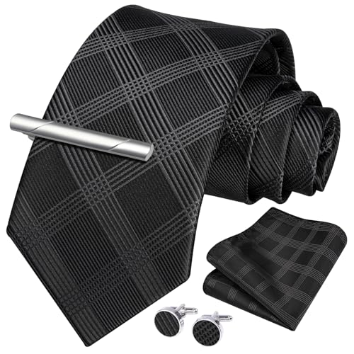 Image of HISDERN Plaid Ties for Men Classic Checkered Tie and Pocket Square Cufflinks Tie Clip Set Woven Men's Necktie Business