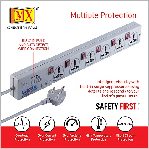Image of MX Spike Protector Extension Board Individual Switch 6 Outlet International Sockets Extension Cord 5 Meter Multi Plug Socket Extension Power Strip for Home & Office (5 Amp)