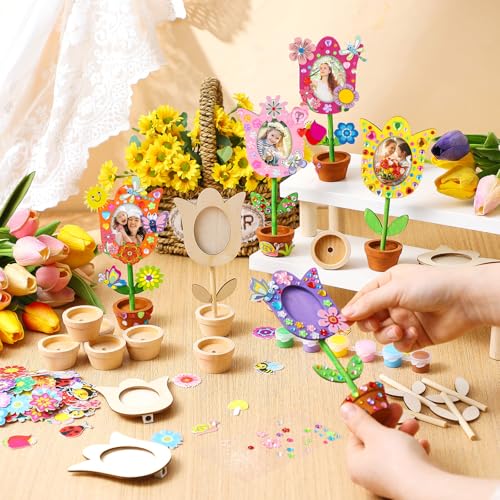 24 Sets Spring Wooden Crafts Bulk Flower DIY Picture Frame Kit Unfinished Solid Wooden Flower Shape Picture Frames Crafts with Gems Stickers Paint Brush for Spring Mother's Day Party(Tulip)
