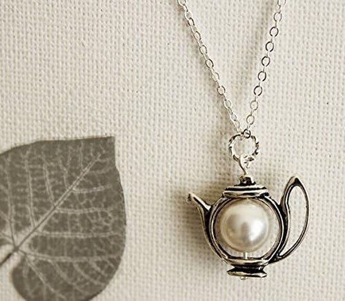 Teapot Necklace. Antique Silver Teapot with Swarovski Pearl. Pastel. Gift for Her