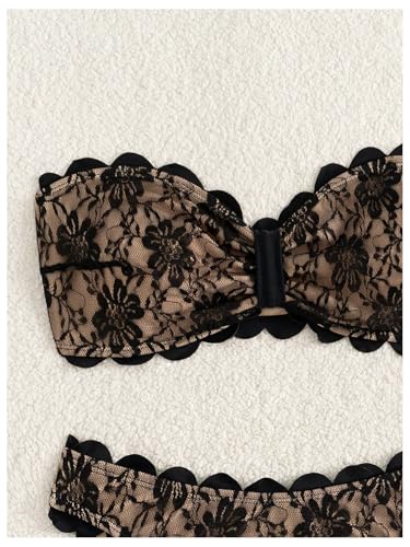 GORGLITTER Women's Floral Strapless Swimsuit Bandeau Lace High Waisted Thong Bikini Set3