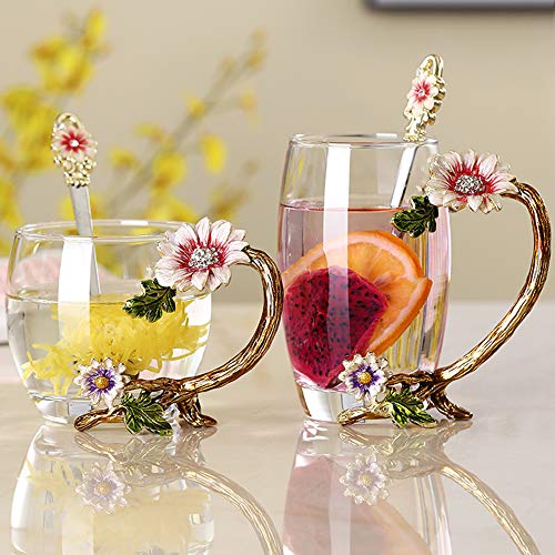 Jy-Danbady Enamel Sunflower Crystal Lead-Free Glass Tea Cup With Spoon Set thumb #1