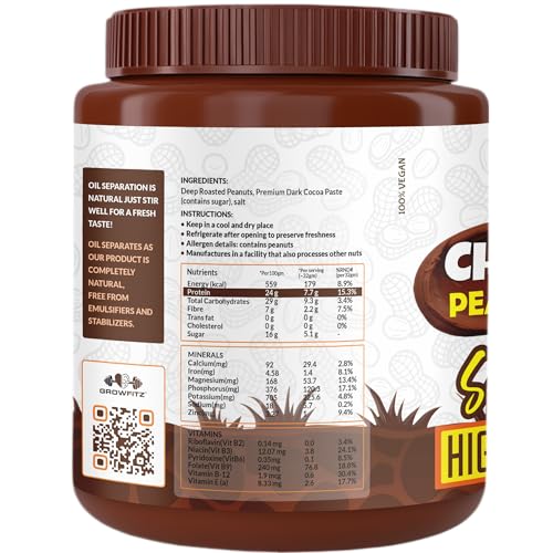 Image of Growfitz Peanut Butter Chocolate Smooth 800g | 24g High Protein Peanut Butter | 7g Fiber | Tasty & Healthy Nut Butter Spread for Breakfast & Snacks | Roasted Peanuts | Zero Sugar (Pack of 3)