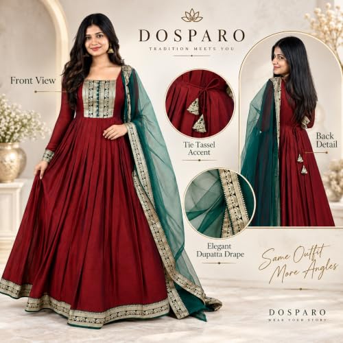 Image of Elegant Vichitra Silk Gown with Jacquard Zari Border - Includes Soft Net Dupatta with Lace Trim - Parrty Wear Ethnic Dress for Women & Girls
