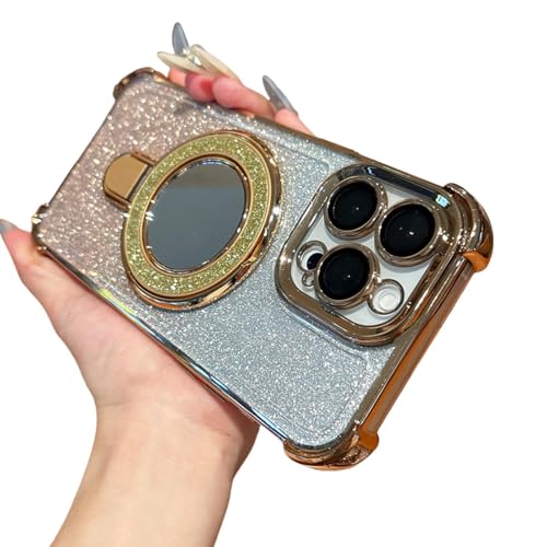 Coque iPhone 12 magnétique avec support et miroir scintillant or