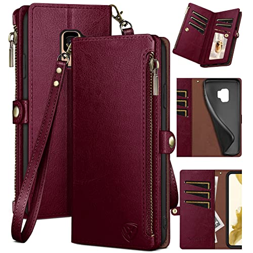 XcaseBar for Samsung Galaxy S9 Wallet case with Zipper Credit Card Holder【RFID Blocking】, Flip Folio Book PU Leather Phone case Shockproof Cover Women Men for Samsung S9 case Wine Red