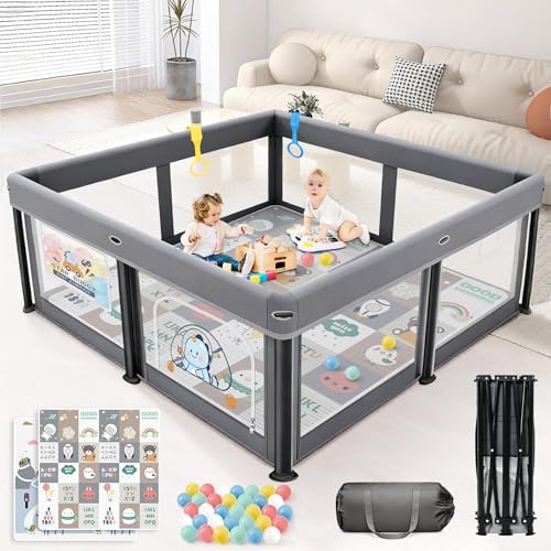 SPYLAVE Parque infantil plegable con colchón, 127 x 127, parque plegable para bebés y niños pequeños, montaje rápido, parque para interiores y exteriores, seguro y portátil (gris)