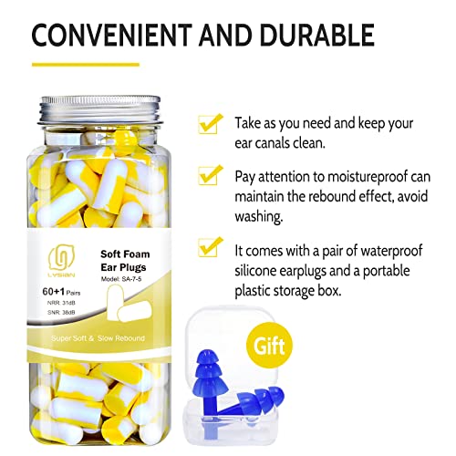 Lysian Foam Earplugs - 60 Pairs, 38Db Ear Plugs For Sleeping Noise Cancelling, Mowing, Shooting, Yellow/White #TOP5