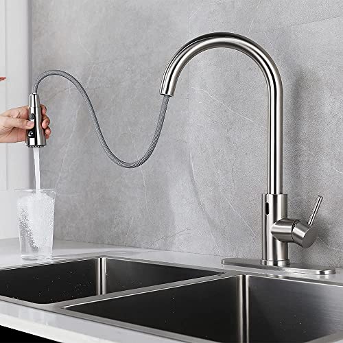 Gangang Touchless Kitchen Sink Faucet Pull Out Sprayer Automatic Sensor Mixer Stainless Steel Brush Nickle With Deck Plate… #TOP4