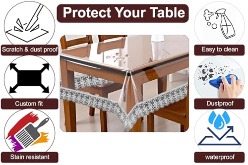 Image of The Furnishing Tree Rectangle Shaped 12 Seater Transparent Table Cover WxL 60x140 inches 0.25 mm Thickness with Silver Lace
