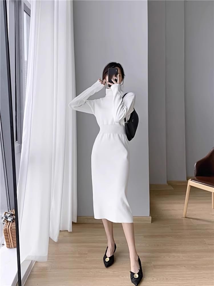 LIXINGHEITANG Collar Knitted Dress for Women Autumn Winter with Thickened Sweater Slim The Waist, mid-Length and Over