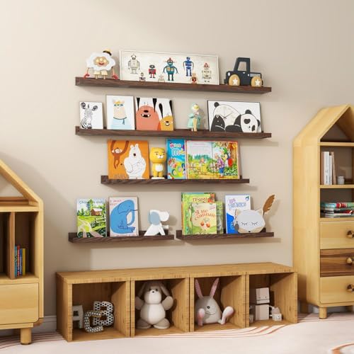 Image of Wooden Wall Mounting Shelves for Decorative Wall Shelf for Books, Decor, and Display - Elegant Space-Saving Design, 34 Inch, Teak Finish, Set of 2