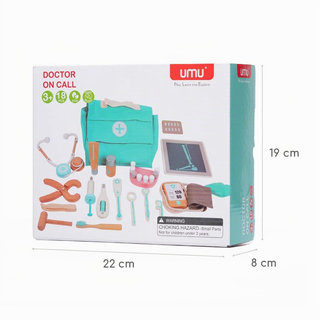 UMU® Valigetta Dottore Bambini in Legno – Kit Medico da 18 Pezzi con Stetoscopio Giocattolo, Siringa, Misuratore, Accessori Dentista e Altro – Gioco del Dottore per Bambini e Bambine di 3, 4, 5 Anni