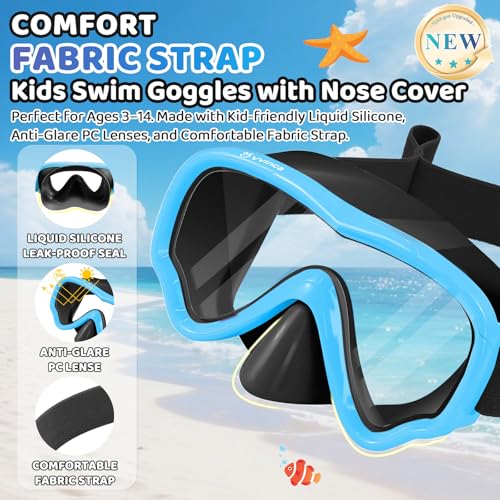 Vvinca Kids Swim Goggles with Nose Cover, Snorkel Diving Mask Fabric Strap Anti Fog Anti Shattered Lens Goggles for Kids 3-15 by Vvinca - Image 2