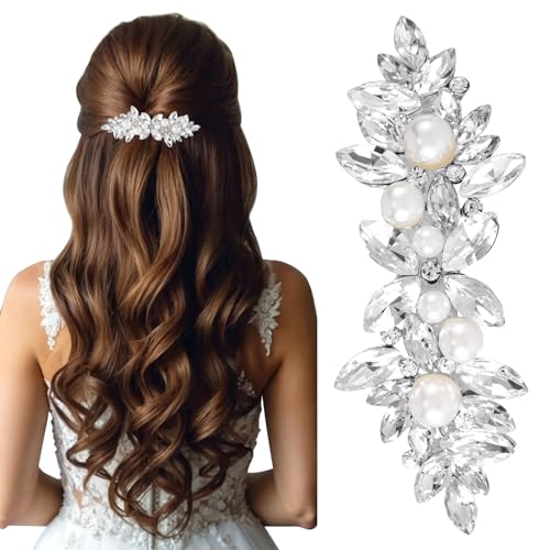 LunarCharm Strass Haarspangen mit Perle, Silberne Braut Haarschmuck für Frauen, Funkelnde Kristall Haarnadeln, Ausgefallene Blumen Haarspangen für Hochzeit, Braut, Lange Haare