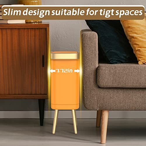 Bedroom Trash Can With Lid,Slim Bathroom Trash Cans With Lids, Dog Proof Trash Can With Press Top Lid,Modern Gold Trash Can Plastic Waste Basket For Living Room, Office,Kitchen, 4 Gal-Orange #TOP3