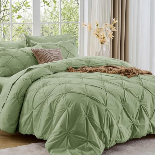 Image of Sasttie Full Size Comforter Set, 7-Piece Bed in a Bag Double, Pintuck Bedding Set for All Season, Includes Comforter, Flat Sheet, Fitted Sheet, Pillowcases and Pillowshams, Pale Green