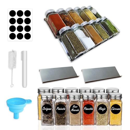 Especiero Cajon. Set de 12 Botes Especias de Cristal Mas 2 Estantes Organizadores de Acero Inoxidable, Ideales para Cajones de Cocina y Encimeras. 3ER