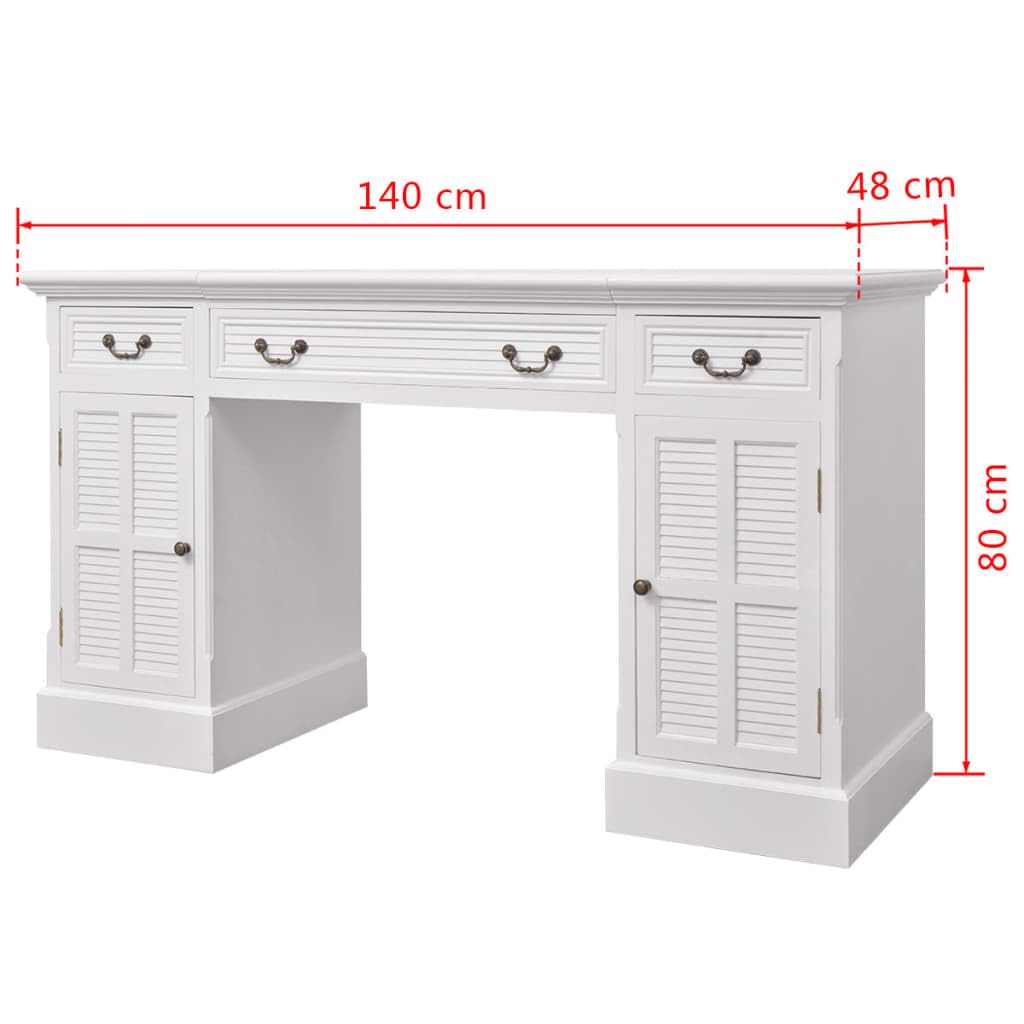 Scrivania bianca segretaria 140 x 48 x 80 cm con 3 cassetti e 2 scomparti per armadi in MDF e legno di pino, mobili da ufficio durevoli con spazio di archiviazione