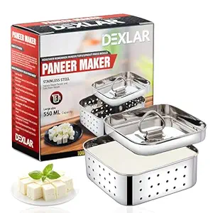 DEXLAR Paneer Maker Steel – Stainless Steel Paneer Maker Mould Press, Medium Size, Square Paneer/Tofu Press with Lid, Whey Separator, Size-12.5X12.5X4.5 Centimeters (550ml Capacity)