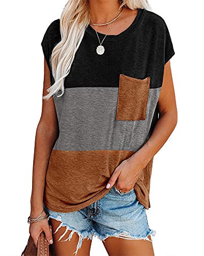 Imily Bela Women's Color Block Cap Sleeve Tshirts Summer Tops Casual Loose Tee Shirts with Pocket