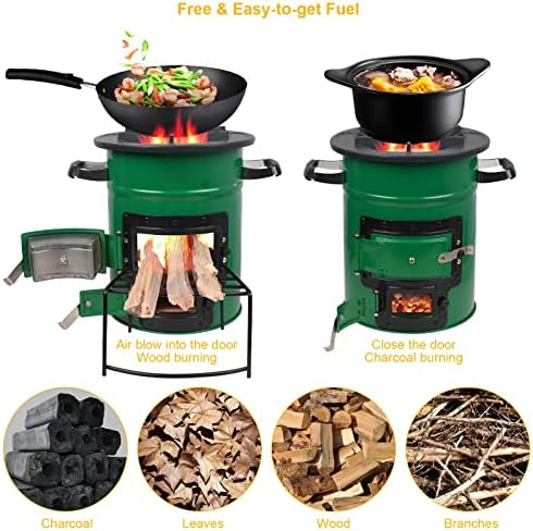 Camping Stove Rocket Stove Portable Charcoal Wood Burning Stove BBQ Oven Grill Two Doors Barrel Stove for Backpacking, Picnic, Hunting, Fishing, RV, Survival, Traveling, Outdoor Cooking Cooker