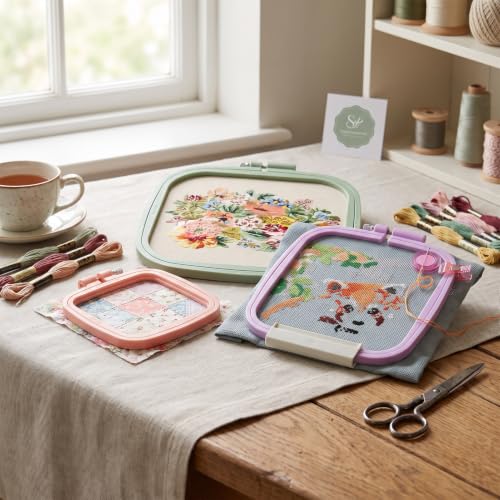 Image of 3 Pieces 3 Sizes Square Embroidery Hoops, Cross Stitch Hoop and ABS Plastic Embroidery Hoops for Embroidery,Cross Stitch and DIY Craft Sewing,Including 16pcs Gold Eye Sewing Needles