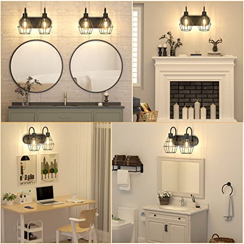 Elibbren Bathroom Vanity Light Fixtures, 2-Light Bathroom Lighting Fixtures Over Mirror With Cage, E26 Base Black Farmhouse Wall Sconces For Bedroom Living Room, Ul Listed (Bulbs Included) #TOP6